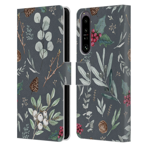 Anis Illustration Floral Pattern Christmas Eucalyptus Blue Leather Book Wallet Case Cover For Sony Xperia 1 IV