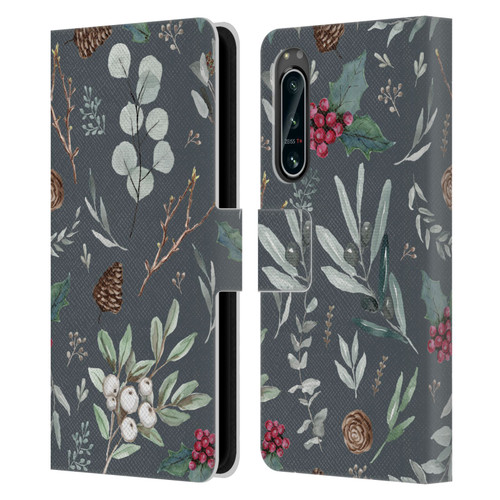 Anis Illustration Floral Pattern Christmas Eucalyptus Blue Leather Book Wallet Case Cover For Sony Xperia 5 IV
