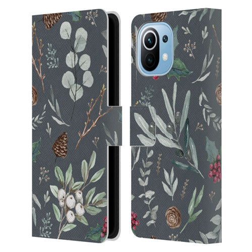 Anis Illustration Floral Pattern Christmas Eucalyptus Blue Leather Book Wallet Case Cover For Xiaomi Mi 11