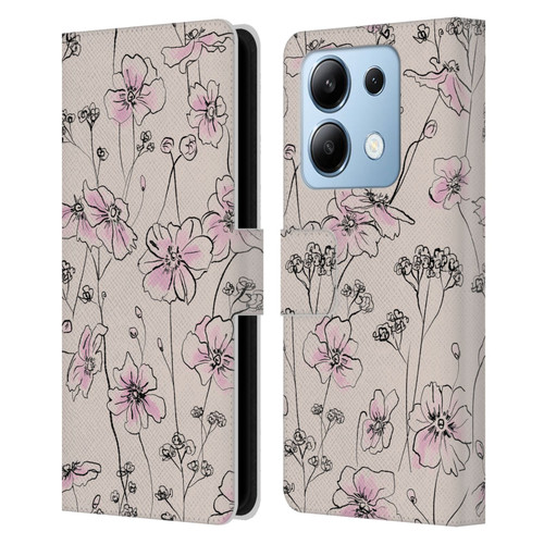 Anis Illustration Floral Pattern Wild Roses Beige Pink Leather Book Wallet Case Cover For Xiaomi Redmi Note 13/13 Pro 5G