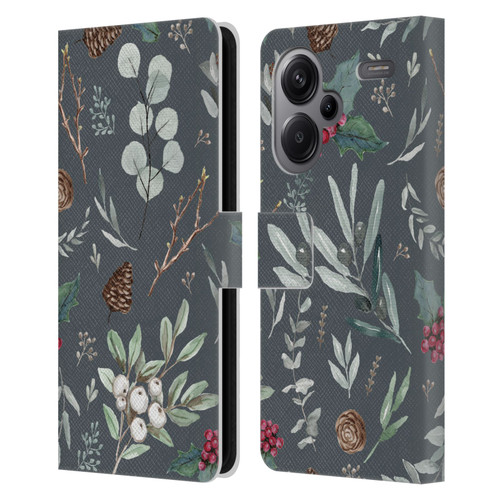 Anis Illustration Floral Pattern Christmas Eucalyptus Blue Leather Book Wallet Case Cover For Xiaomi Redmi Note 13 Pro Plus 5G