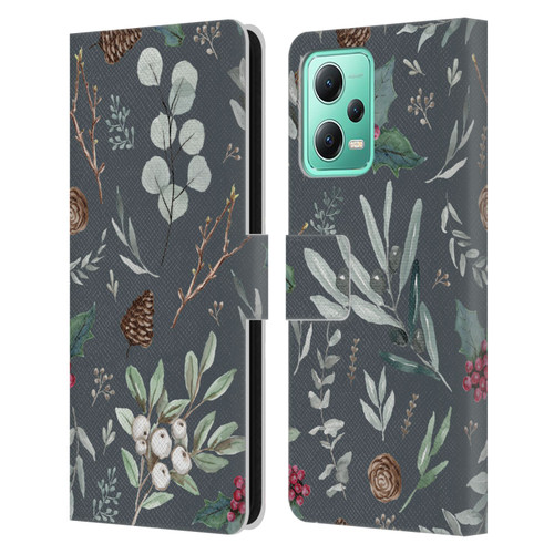 Anis Illustration Floral Pattern Christmas Eucalyptus Blue Leather Book Wallet Case Cover For Xiaomi Redmi Note 12 5G