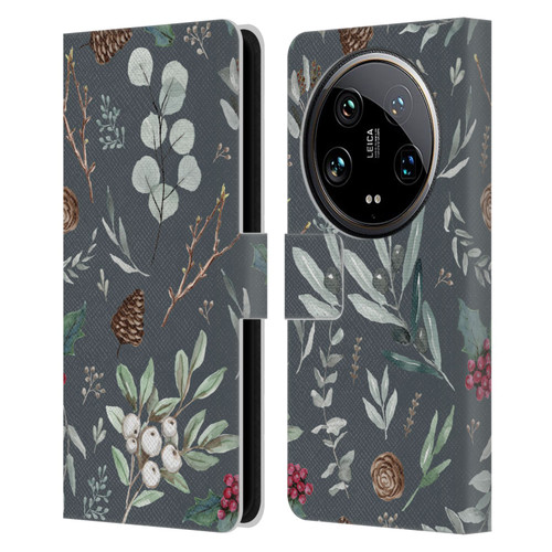 Anis Illustration Floral Pattern Christmas Eucalyptus Blue Leather Book Wallet Case Cover For Xiaomi 14 Ultra