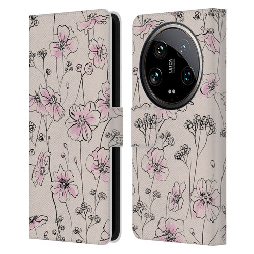 Anis Illustration Floral Pattern Wild Roses Beige Pink Leather Book Wallet Case Cover For Xiaomi 14 Ultra