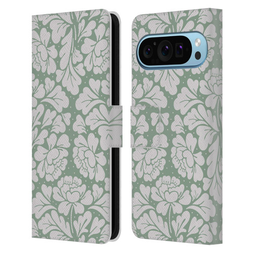 Anis Illustration Mix Pattern Baroque Pastel Green Leather Book Wallet Case Cover For Google Pixel 9 / Pixel 9 Pro