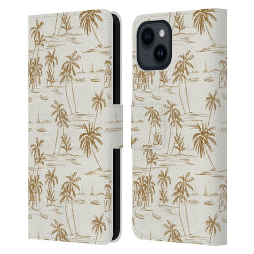 Anis Illustration Mix Pattern Beach Beige Gold Leather Book Wallet Case Cover For Apple iPhone 15