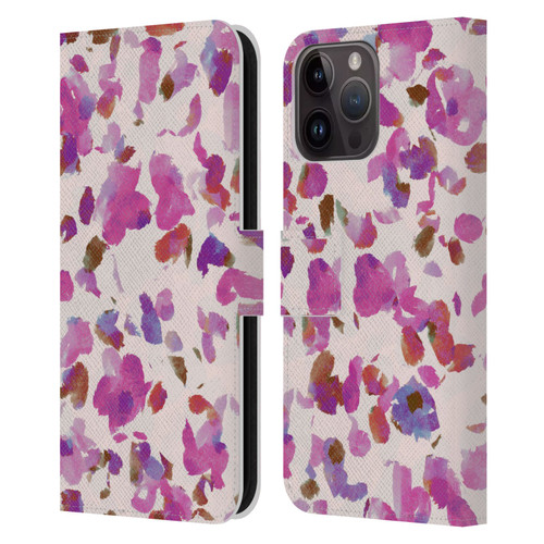 Anis Illustration Mix Pattern Soft Feminine Pink Flowers Leather Book Wallet Case Cover For Apple iPhone 15 Pro Max