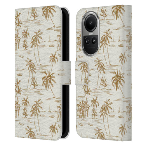 Anis Illustration Mix Pattern Beach Beige Gold Leather Book Wallet Case Cover For OPPO Reno10 5G / Reno10 Pro 5G