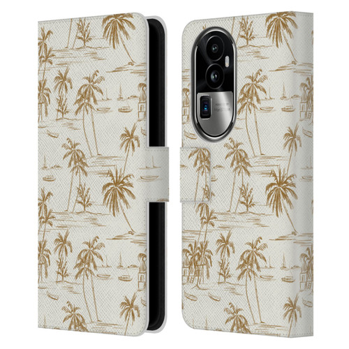 Anis Illustration Mix Pattern Beach Beige Gold Leather Book Wallet Case Cover For OPPO Reno10 Pro+