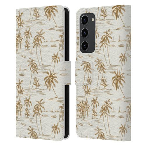 Anis Illustration Mix Pattern Beach Beige Gold Leather Book Wallet Case Cover For Samsung Galaxy S23+ 5G