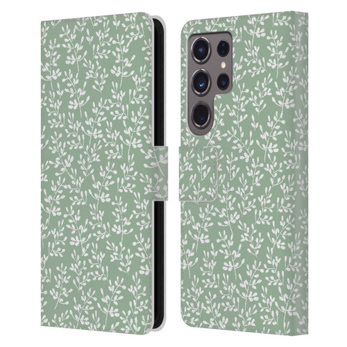 Anis Illustration Mix Pattern Tiny Leaves Beige Leather Book Wallet Case Cover For Samsung Galaxy S24 Ultra 5G