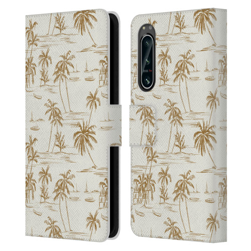 Anis Illustration Mix Pattern Beach Beige Gold Leather Book Wallet Case Cover For Sony Xperia 5 IV