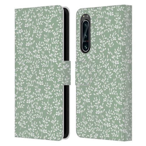 Anis Illustration Mix Pattern Tiny Leaves Beige Leather Book Wallet Case Cover For Sony Xperia 5 IV