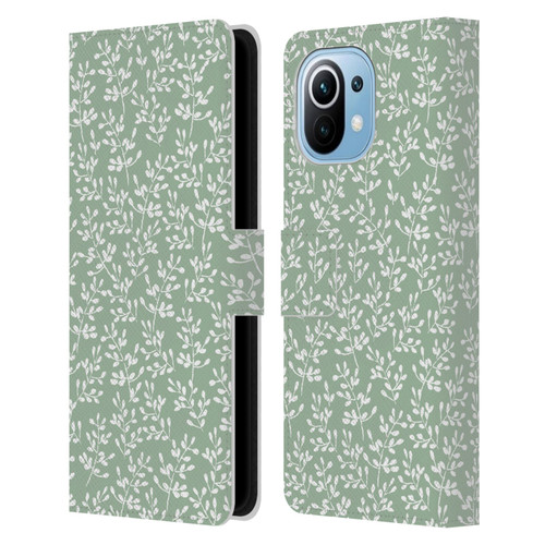 Anis Illustration Mix Pattern Tiny Leaves Beige Leather Book Wallet Case Cover For Xiaomi Mi 11