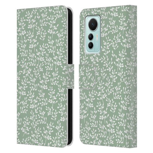 Anis Illustration Mix Pattern Tiny Leaves Beige Leather Book Wallet Case Cover For Xiaomi 12 Lite