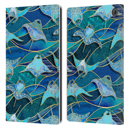 Micklyn Le Feuvre Flora And Fauna Patchwork Manta Rays in Blue Leather Book Wallet Case Cover For Amazon Fire Max 11 2023
