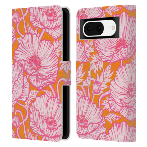 Micklyn Le Feuvre Flora And Fauna Hot Pink Orange Poppy Floral Leather Book Wallet Case Cover For Google Pixel 8
