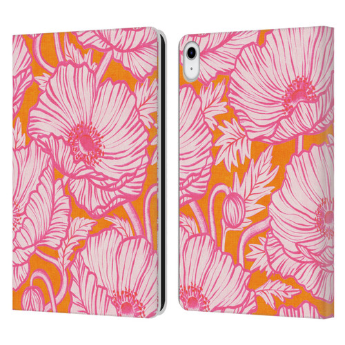 Micklyn Le Feuvre Flora And Fauna Hot Pink Orange Poppy Floral Leather Book Wallet Case Cover For Apple iPad 10.9 (2022)