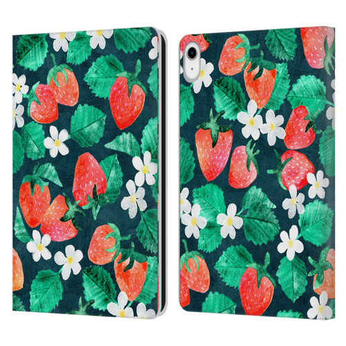 Micklyn Le Feuvre Flora And Fauna Strawberry Watercolor in Blue Leather Book Wallet Case Cover For Apple iPad 10.9 (2022)