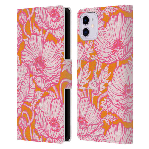 Micklyn Le Feuvre Flora And Fauna Hot Pink Orange Poppy Floral Leather Book Wallet Case Cover For Apple iPhone 11