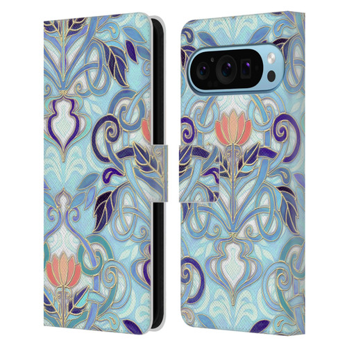 Micklyn Le Feuvre Patterns 2 Indigo Blue Art Nouveau With Peach Flowers Leather Book Wallet Case Cover For Google Pixel 9 / Pixel 9 Pro