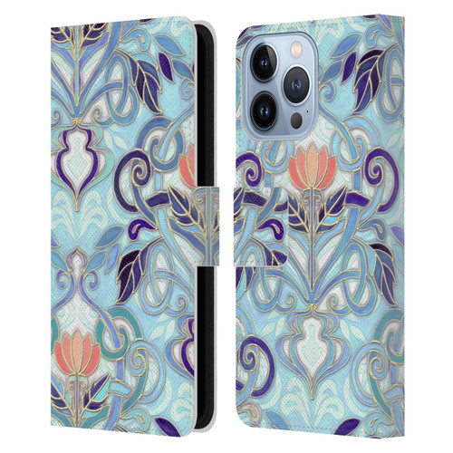 Micklyn Le Feuvre Patterns 2 Indigo Blue Art Nouveau With Peach Flowers Leather Book Wallet Case Cover For Apple iPhone 13 Pro