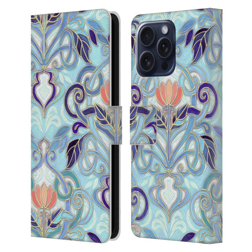 Micklyn Le Feuvre Patterns 2 Indigo Blue Art Nouveau With Peach Flowers Leather Book Wallet Case Cover For Apple iPhone 16 Pro Max