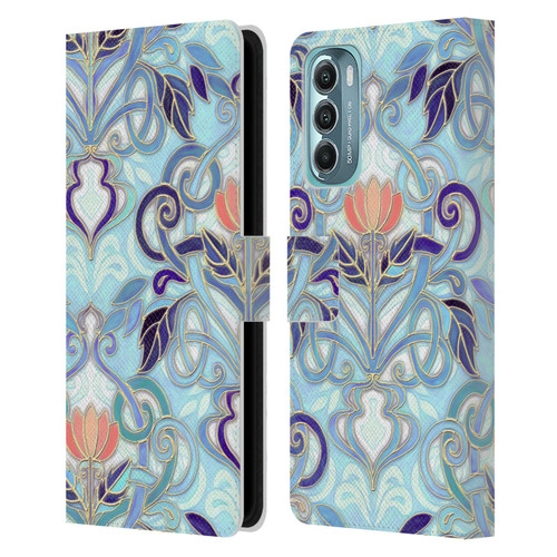 Micklyn Le Feuvre Patterns 2 Indigo Blue Art Nouveau With Peach Flowers Leather Book Wallet Case Cover For Motorola Moto G Stylus 5G (2022)