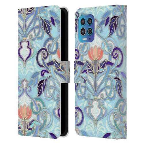 Micklyn Le Feuvre Patterns 2 Indigo Blue Art Nouveau With Peach Flowers Leather Book Wallet Case Cover For Motorola Moto G100