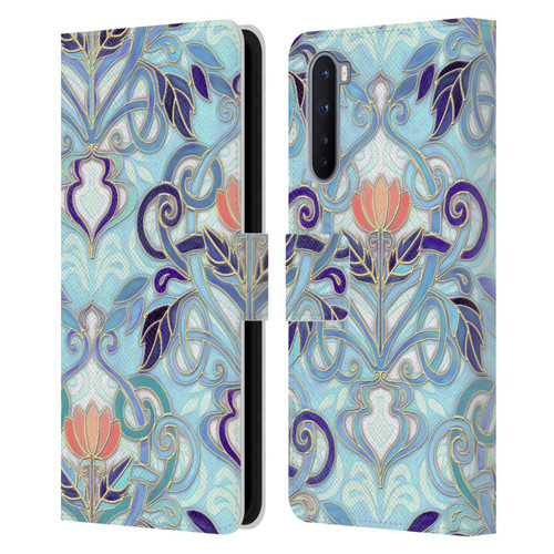 Micklyn Le Feuvre Patterns 2 Indigo Blue Art Nouveau With Peach Flowers Leather Book Wallet Case Cover For OnePlus Nord 5G