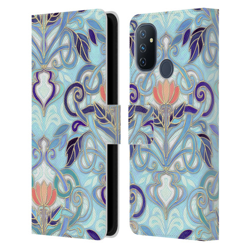 Micklyn Le Feuvre Patterns 2 Indigo Blue Art Nouveau With Peach Flowers Leather Book Wallet Case Cover For OnePlus Nord N100