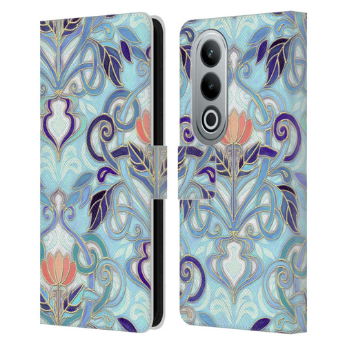 Micklyn Le Feuvre Patterns 2 Indigo Blue Art Nouveau With Peach Flowers Leather Book Wallet Case Cover For OPPO OnePlus Ace 3V 5G