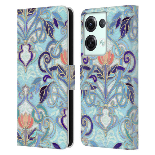 Micklyn Le Feuvre Patterns 2 Indigo Blue Art Nouveau With Peach Flowers Leather Book Wallet Case Cover For OPPO Reno8 Pro
