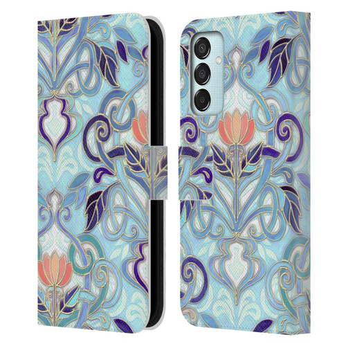 Micklyn Le Feuvre Patterns 2 Indigo Blue Art Nouveau With Peach Flowers Leather Book Wallet Case Cover For Samsung Galaxy M15/F15 5G