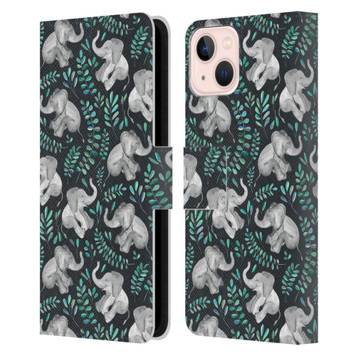 Micklyn Le Feuvre Wildlife Little Laughing Elephants In Turquoise And Grey Leather Book Wallet Case Cover For Apple iPhone 13