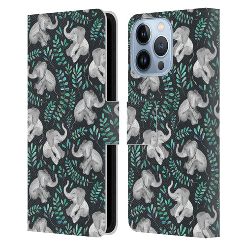 Micklyn Le Feuvre Wildlife Little Laughing Elephants In Turquoise And Grey Leather Book Wallet Case Cover For Apple iPhone 13 Pro