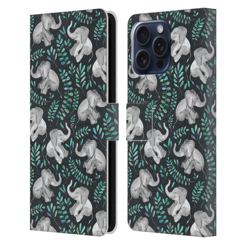 Micklyn Le Feuvre Wildlife Little Laughing Elephants In Turquoise And Grey Leather Book Wallet Case Cover For Apple iPhone 16 Pro Max