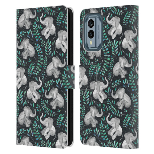 Micklyn Le Feuvre Wildlife Little Laughing Elephants In Turquoise And Grey Leather Book Wallet Case Cover For Nokia X30