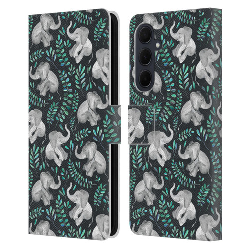 Micklyn Le Feuvre Wildlife Little Laughing Elephants In Turquoise And Grey Leather Book Wallet Case Cover For Samsung Galaxy A35 5G