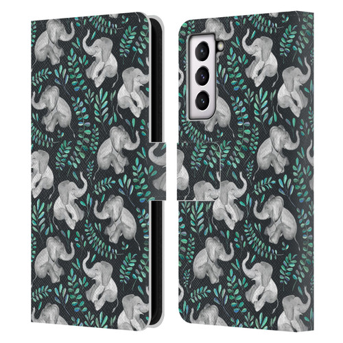 Micklyn Le Feuvre Wildlife Little Laughing Elephants In Turquoise And Grey Leather Book Wallet Case Cover For Samsung Galaxy S21 5G