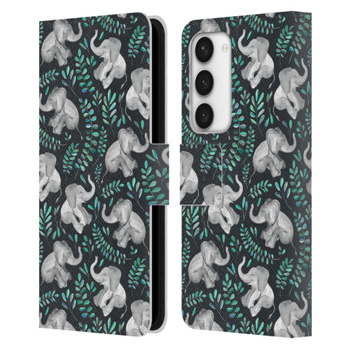 Micklyn Le Feuvre Wildlife Little Laughing Elephants In Turquoise And Grey Leather Book Wallet Case Cover For Samsung Galaxy S23 5G
