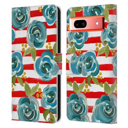 Haley Bush Floral Painting Blue Rose Red Stripe Leather Book Wallet Case Cover For Google Pixel 7a