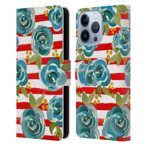 Haley Bush Floral Painting Blue Rose Red Stripe Leather Book Wallet Case Cover For Apple iPhone 13 Pro