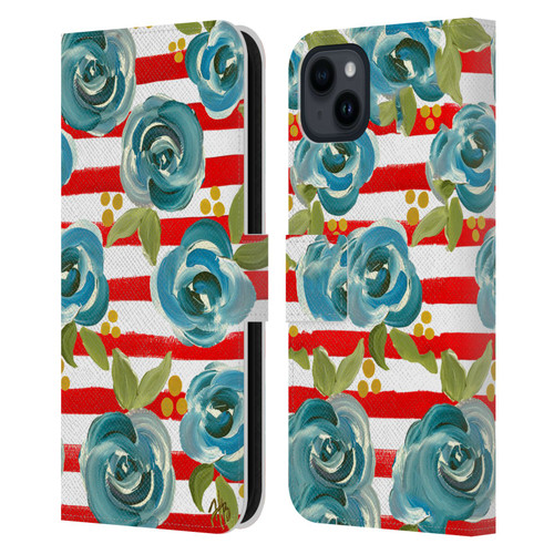 Haley Bush Floral Painting Blue Rose Red Stripe Leather Book Wallet Case Cover For Apple iPhone 15 Plus