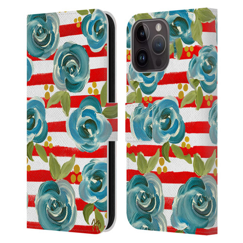 Haley Bush Floral Painting Blue Rose Red Stripe Leather Book Wallet Case Cover For Apple iPhone 15 Pro Max