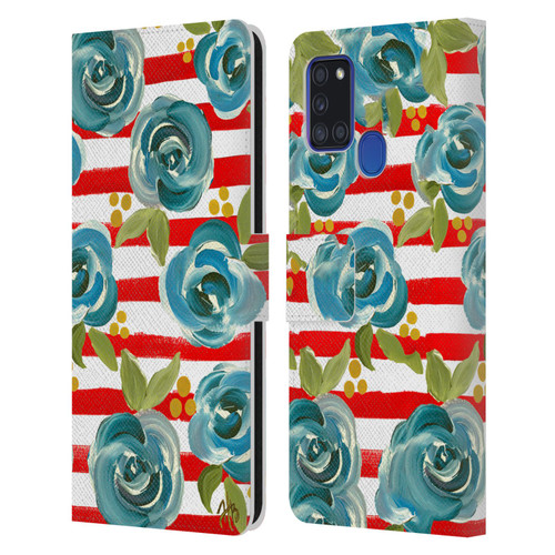 Haley Bush Floral Painting Blue Rose Red Stripe Leather Book Wallet Case Cover For Samsung Galaxy A21s (2020)