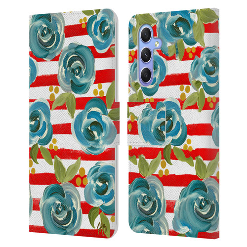 Haley Bush Floral Painting Blue Rose Red Stripe Leather Book Wallet Case Cover For Samsung Galaxy A34 5G