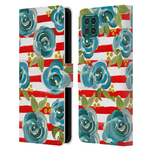 Haley Bush Floral Painting Blue Rose Red Stripe Leather Book Wallet Case Cover For Samsung Galaxy F62 (2021)