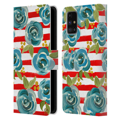 Haley Bush Floral Painting Blue Rose Red Stripe Leather Book Wallet Case Cover For Samsung Galaxy M31s (2020)