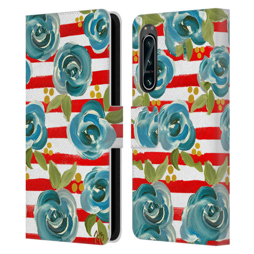 Haley Bush Floral Painting Blue Rose Red Stripe Leather Book Wallet Case Cover For Sony Xperia 5 IV